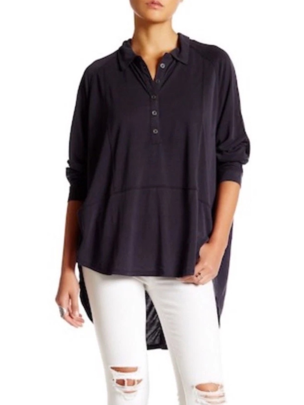 Free People Rose Shirt Hi Low Hem Henley
Top Blouse Navy Small